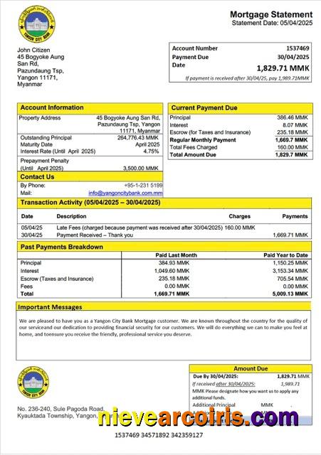 Myanmar Yangon City Bank mortgage statement Word and PDF template